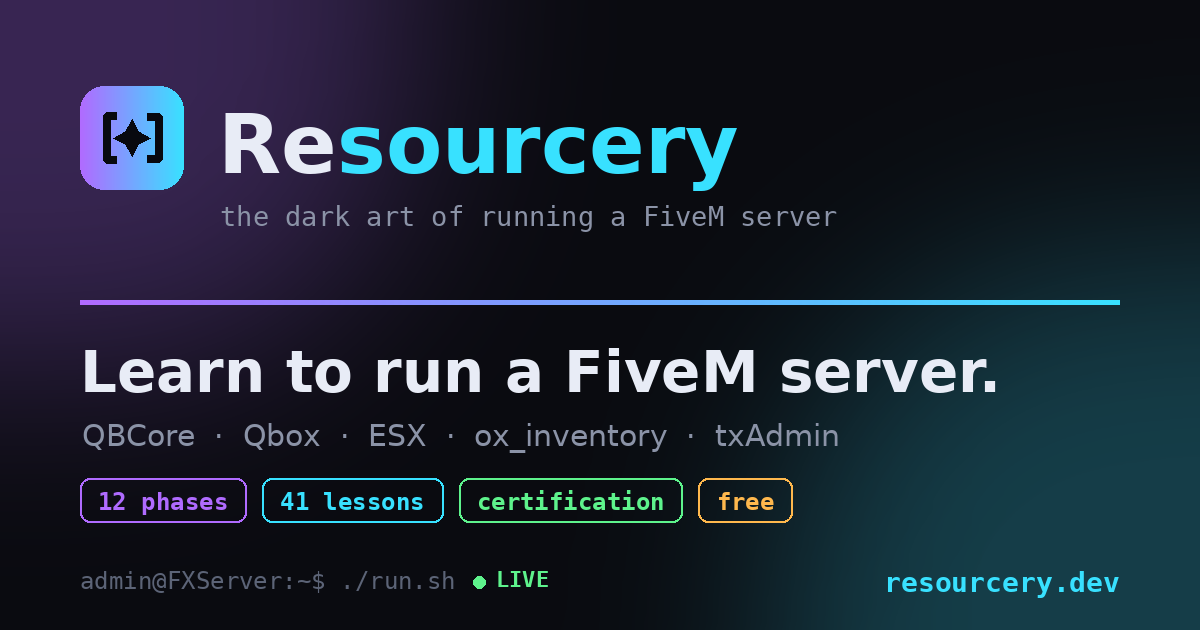 Resourcery and Streamcraft — two paid FiveM courses running on one hand-coded course platform (QBCore & Qbox)
